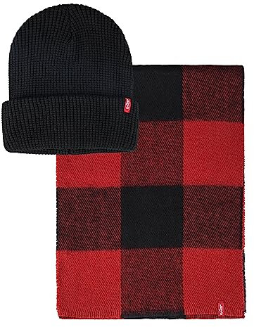 Levi's Herren Waffelmütze und Plaid Schal Set, Rot/Ausflug, einfarbig (Getaway Solids), Einheitsgröße