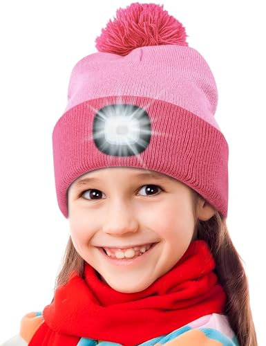 Deilin Süße Geschenke für Mädchen Jungen, Bommel Mütze mit Led Licht USB Wiederaufladbare Winter Beleuchtete Mütze Süßer Pompom Details - Ideal für Nächtliche Aktivitäten & Outdoor, Rose + Rot