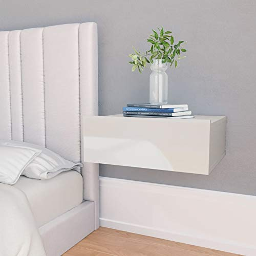 Homgoday Lot de 2 Tables de Chevet Blanc Brillant 40 x 30 x 15 cm en Bois Multicouche, Étagère Murale Avec Tiroirs, Table Suspendue, Armoire pour Salon