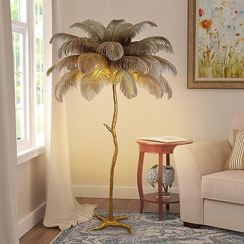 Federlampe Stehlampe Wohnzimmer,Feder Lampe mit Fußschalter,35 Stück Federn,170cm Straußenfeder Stehlampen aus Kunstharz,Standlampe Modern LED Stehlampe Dimmbar Gold Standleuchte Wohn/Schlafzimmer