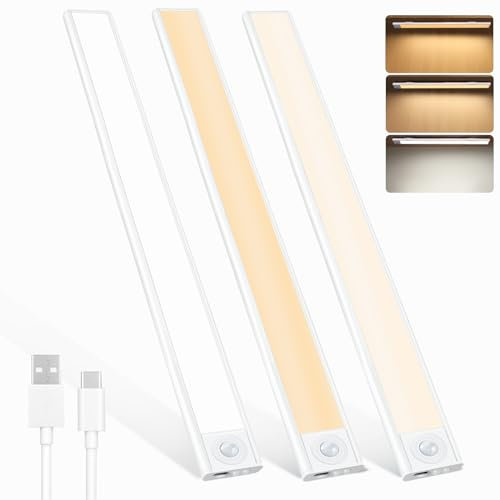 40CM Luce Armadio LED con Sensore di Movimento, Luce LED Sottopensile Cucina USB Ricaricabile, 3 Colore 4 Modalità, Dimmerabile Luce Notturna per Armadio, Cucina, Scale, Corridoio, 3 Pezzi