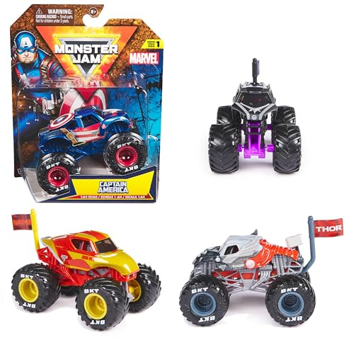 Monster Jam - Original Monster Truck im Marvel Superhelden-Design, monstermäßige Stunt-Action zum Spielen und Sammeln, Maßstab 1:64, ab 3 Jahren (Sortierung mit verschiedenen Designs, Zufallsauswahl)