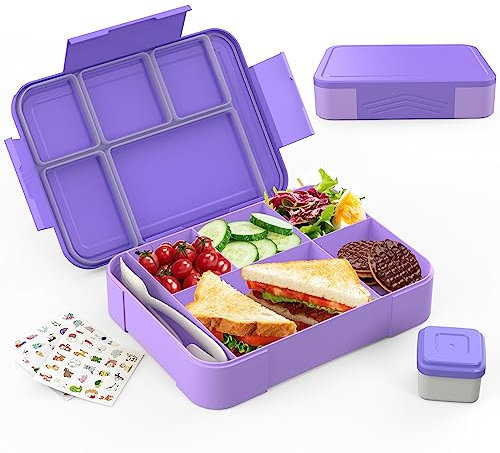 SWVIODMT Brotdose Kinder mit Fächern, 1300 ml Lunchbox für Kinder, Bento Box mit 5 Fächern Besteckset, auslaufsichere Lunchbox für Kindergarten, Schule, Picknick, Ausflüge (Lila)