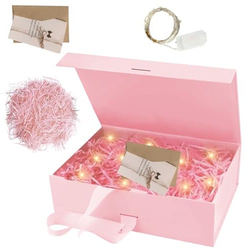 Geschenkbox mit Deckel, Geschenkkarton mit Schleife, Geschenkschachtel, Geschenkkarton mit Raffia Hamper Shreds Grußkarten, Magnetische Geschenkbox LED-Licht für Hochzeit Geburtstag Valentinstag (B)