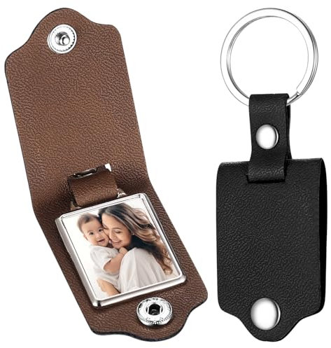 2 Pièces Porte-clés Personalisés Photo en Cuir avec Anneau, Porte-clés Gravé Image, Cadeau pour Petit Ami ou Amie
