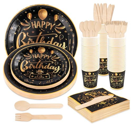 Assiette Anniversaire,Anstore 200 Assiettes en Carton Réutilisables, Vaisselle de Fête en Papier Noir et Or avec Cuillère Fourchette Couteau Gobelet Serviettes pour 25 Invités Pour Fête,Mariage,Noël