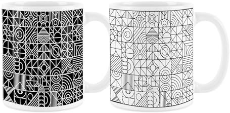 Purely Home Geometric Mugs Set - Black & White Monochrome Patterned White Cups Set of 2 - Tea Coffee Gift/Present Ceramic Mug