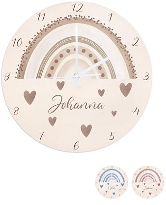 wunderwunsch® - Personalisierte Wanduhr Kinder aus Holz mit Spezial-Druck - Lautloses Uhrwerk mit Aufhängung - Babyzimmer Deko Kinderzimmer (Regenbogen beige)