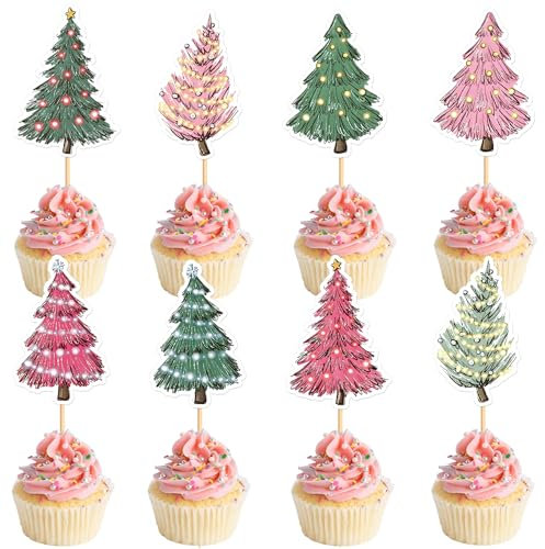 Blumomon 24 Stück Frohe Weihnachten Cupcake Toppers christmas tree Weihnachtsbaum Dekorationen Winter Urlaub Neujahr Zeremonie Cupcake Weihnachtsfest Kuchen Dekorationen