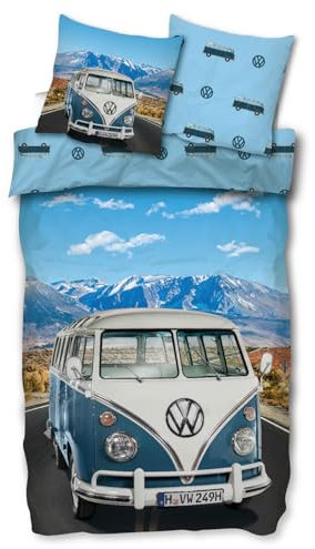 SkyBrands Volkswagen Bettwäsche VW Bulli T1 Panorama Berge Alpen Bus Oltimer Blau Renforcé, Größe:135 cm x 200 cm