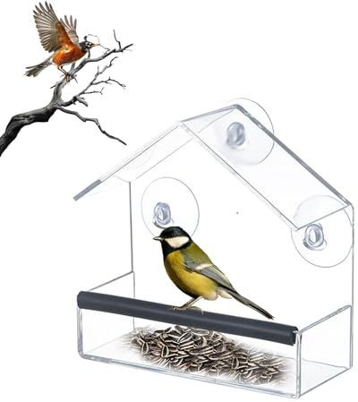 Window Bird Feeder Transparent with Super Suction Cup, Detachable Tray with Drainage Hole, Wild Bird with Roof Windproof and Rainproof Transparent Ornamental for Gardens & Outdoor