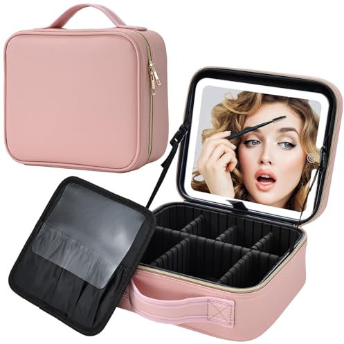 Travel Make up Bag with LED Mirror Cosmetic Bag with Compartment Makeup Box Organiser Beauty Case Luggage Cosmetic Case Vanity Case, Pink