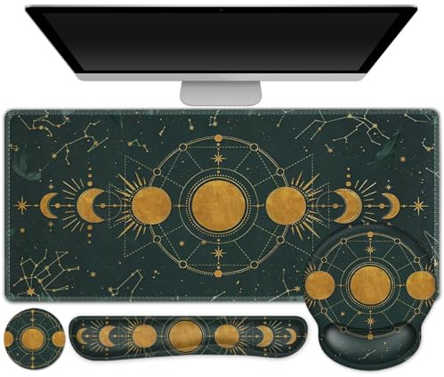 Large Desk Mat, Gaming Mouse Pad, Desk Pad Protector, XXL Mousepad + Keyboard Wrist Rest+Mouse Wrist Rest+Coaster Ergonomic Desk Pad for Home Office Decor, Dark Green Gold Moon Phases Constellation