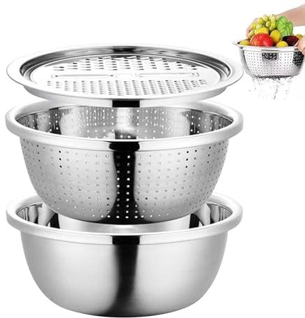 Yiohejy Cuenca de acero inoxidable con rallador, rejillas de verduras para la cocina, Cuenca de rallador de acero inoxidable, Tazón multifuncional de frutas y verduras, coladores de alimentos, diseño