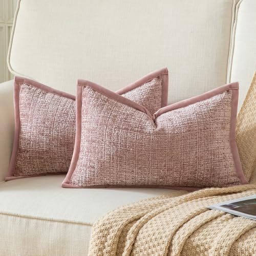Yaertun Lot de 2 Housses de Coussin Décoratives Texturées Chenille Taie d'oreiller Uni Accentuelle Housse Douce et Confortable avec Dos en Velours pour Canapé Sofa Lit Salon 30x50 cm Rose poudré