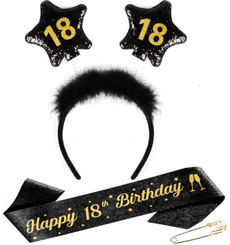 TUZELIYA 18. Geburtstag Mädchen Jungen - 18 Geburtstag Kopfschmuck mit Geburtstagsgürtel, Anstecknadel - Geburtstag Mädchen Haarschmuck Glitter Schärpe für Birthday Party