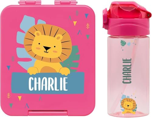 BIENMARQUER - Coffret avec gourde personnalisable pour enfants et boîte à goûter personnalisée en plastique pour enfants - Gourde avec paille, capacité 450 ml - 100% sans BPA (Rose foncé)