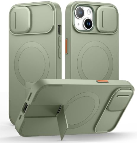 SURITCH Coque Magnétique Compatible avec iPhone 15, Coque de Protection avec Couvercle Coulissant pour Appareil Photo et Support réglable(Vert)