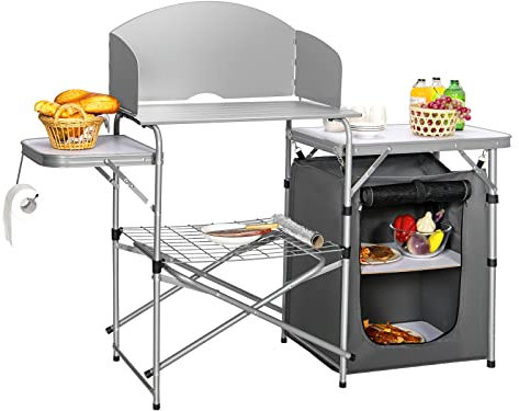 GOPLUS Faltbare Campingküche, Campingschrank mit Aluminiumgestell, Reiseküche mit Ablage, Windschutz und Tragetasche, Zeltschrank für Picknick, Reisen, Strand, Grau