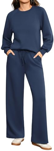 Totatuit Jogginganzug Damen Zweiteiler mit weiter Hose als Freizeitanzug | Hausanzug Langarm, Loungewear Set mit Rundhals, Kordelzug und Taschen, locker und einfarbig für Alltag Zuhause und Reise