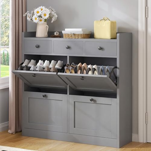 YITAHOME Schuhschrank mit 4 Klappfächern und 3 Stoffschubladen | Verstellbare Einlegeböden für bis zu 24 Paar Schuhe, kippsicheres Design, schmale Aufbewahrung für Flur und Wohnzimmer, Grau