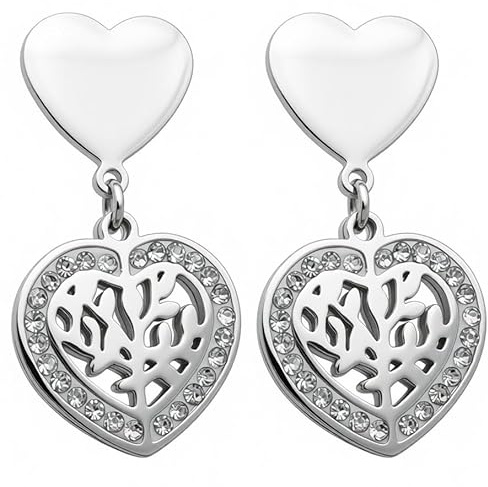 Orecchini Pendenti Donna con Cuore e Albero della Vita in Acciaio | Cuori a lobo con pendenti traforati e bordo decorato, gioiello simbolico e idea regalo per mamma, figlia o donna