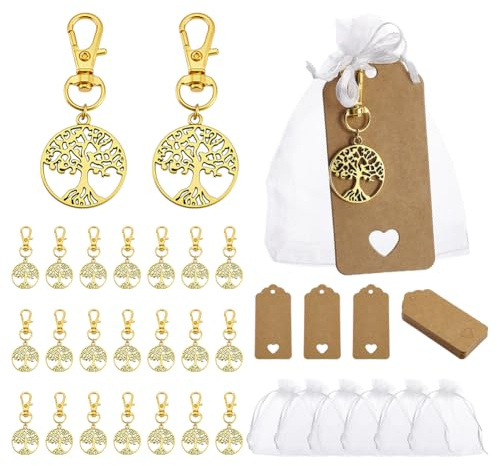 PH PandaHall 24 Set Lebensbaum Schlüsselanhänger Gastgeschenke Für Familienfeiern Mit Organza Geschenktüten Antike Goldene Baum Charm Mit Etiketten Für Hochzeit Geburtstag Jubiläum Gastgeschenke