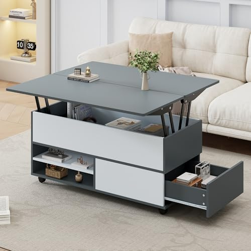 Bladez Couchtisch mit höhenverstellbarer Platte | 2-in-1 Multifunktionstisch, Mit 2 Schubladen & Schrank | Weiß & Holzumwandelbar in Esstisch | (Gray 3)