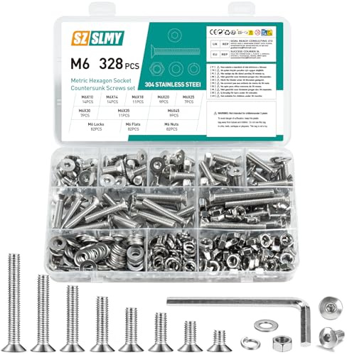 Set di 328 viti M6 in acciaio inox a testa svasata set di dadi a testa svasata metrica, viti a esagono incassato con dadi con rondelle, set di viti filettate a testa svasata
