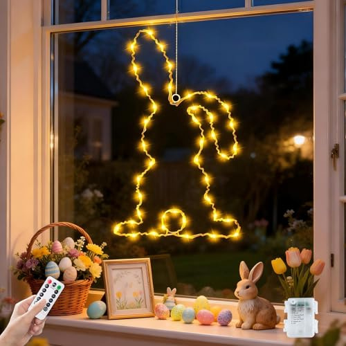 ACAREY Osterdeko Hasen Led Fenster Licht, Osterhase Beleuchtet mit Timer, Fensterdeko Lichterketten Ostern Deko Fenster Beleuchtung Ganzjährig, Fensterbeleuchtung Ostern, 8 Modi (1Pcs,Fernbedienung)