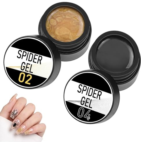Set de 2 Gel de Araña para Nail Art (Dorado y Negro), Gel Painting para Uñas de 5ml, Líneas Elásticas y Precisas para Diseño de Manicura DIY y Decoración 3D Profesional