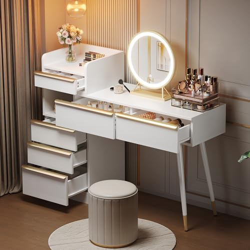 Xwiny Schminktisch mit LED-Spiegel und Ausziehbarer Tischplatte, Frisiertisch mit 6 Schubladen und Goldgriffen, Makeup Table für Schlafzimmer, Weiß-B, 100x41.5x102 cm(Ohne Hocker)