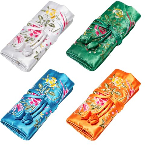 Sxutop 4 Pz Bolsa Rollo de Joyería de Bordado de Viaje Portátil,4 Colores | Bolsa Rollo de Joyas con Bordado Chino de Flores y Pájaros,con Cordónpara,para Anillos Pendientes Collares Pulseras