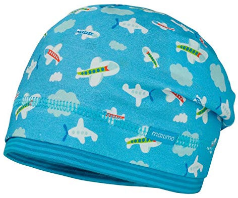 Maximo Mini/Kids Jungen Beanie, Slouch-Beanie in blau mit Flugzeugen, Hüte & Mützen:45