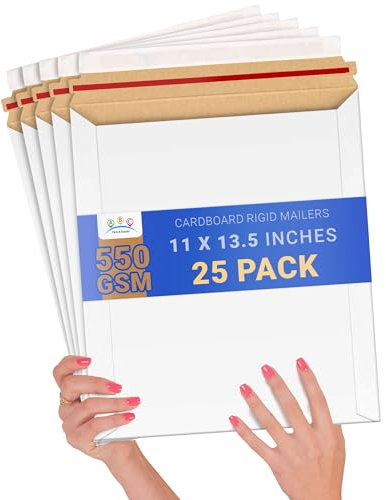 25 Pack Rigid 11 x 13.5 Paperboard mailers .Stay Flat Paperboard envelopes 11 x 13 1/2. White Photography Mailer. Large Size. No Bend documents, Photo, Prints. Peel and Seal & Self Sealing