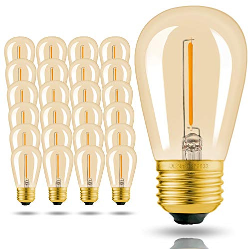 Hizashi 25 Pack S14 String Light Bulbs Replacement, Amber 2200K 11W S14 LED Bulbs for Outdoor String Lights, 1W Dimmable Shatterproof Waterproof, E26 Base Ediosn Bulbs, UL Listed