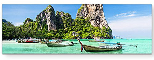 Paul Sinus Art Leinwandbilder | Bilder Leinwand 120x40cm traditionelle Boote vor einem Thailändischen Strand