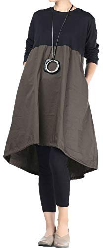 Vogstyle Damen Langarm A-Linie Beiläufige Lose mit Tasche T-Shirt-Kleid Art 3-Army Green M
