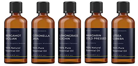 Mystic Moments | Ätherische Öle aus Italien Geschenk-Starterset | 5 x 100ml Rein Aromatherapieöle – Bergamotte Zitrus bergamia, Zitrone Zitrus limon, Süßorange, Basilikum & Rosmarin