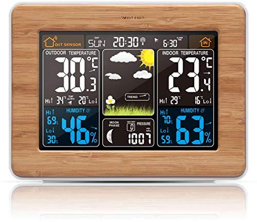 Acecoree estación meteorológica inalámbrica Interior/Exterior LED Reloj de estación meteorológica Calendario Radio Reloj Despertador para previsión/Temperatura/Alertes/Humedad