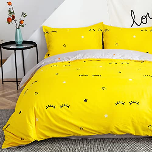 Morbuy Parures de Lit Sets, Parure de Lit pour avec Imprimé Coton/Polyester Multicolore 3 Pièces 1x Housse de Couette et 2 Taies d’Oreillers (220x240cm, Cils Jaunes)