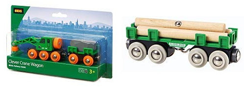 Brio 33698 - Grüner Kranwagen mit Anhänger und Fracht & 33696 - Langholzwagen