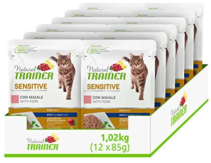Natural Trainer Sensitive Adult Cibo Umido per Gatti con Maiale 12 buste x 85 g - 1020 gr