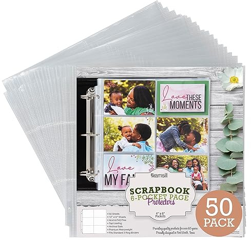 Samsill 50 Pack 12 x 12 Inch Scrapbook Refill Page Protectors, Ultra Clear, Archival Safe, 6 Pockets Hold 4 x 6 Inch Photos, Used with 3 Ring 12 x 12 Scrapbook Album