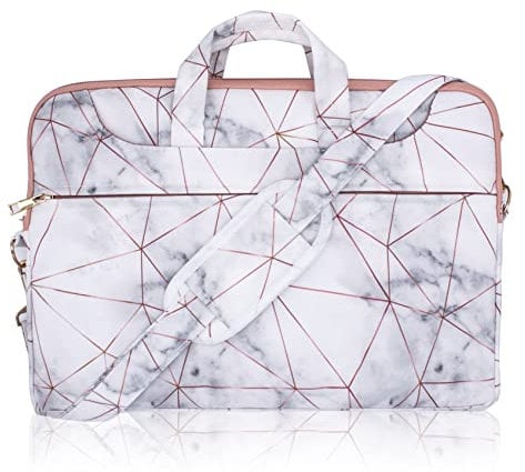 TaylorHe 15.6 inch 15 inch 16 inch Poly Canvas Laptop Shoulder Bag with Patterns, Side Pockets Handles and Detachable Strap Rose Gold Metal on Marble