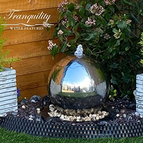 Tranquility 30cms Stainless Steel Sphere Mains Powered Water Feature With Water Tablets, Waterfall, Water Fountain, Garden Decoration, Garden Feature