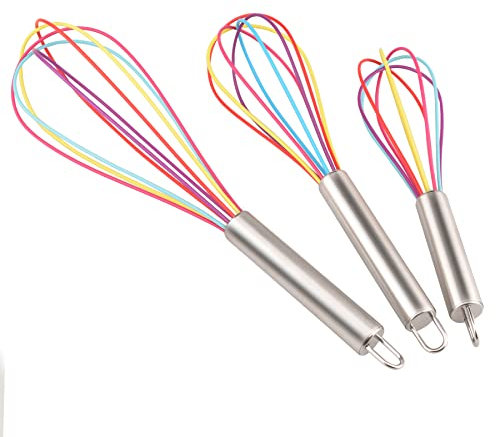Silicone Whisks for Cooking, 3 Pack Sturdy Colored Balloon Line Whisk Set, Stainless Steel & Silicone Non-Stick Coating Hand Milk and Egg Beater for Cooking Blending Whisking Beating Stirring Baking