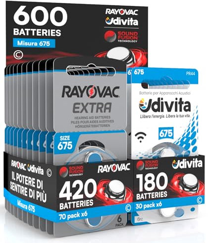 600 Batterie Per Apparecchi Acustici Rayovac Extra Advanced 675. 600 Pile: 420 Rayovac + 180 Udivita
