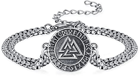 KINGWHYTE Wikinger-Armband 925 Sterling Silber Valknut Kompass Odin Norse Vikings Runen Amulett Vintage mit schwarzem Armband Unisex für Männer Frauen
