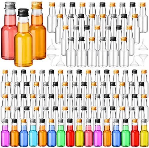 120 Pcs Mini Liquor Bottles Airtight Shot Miniature Empty Plastic Alcohol Spirit Shot Bottles with Funnels for Party Favors, Weddings(2 oz,Silver, Gold, Black)